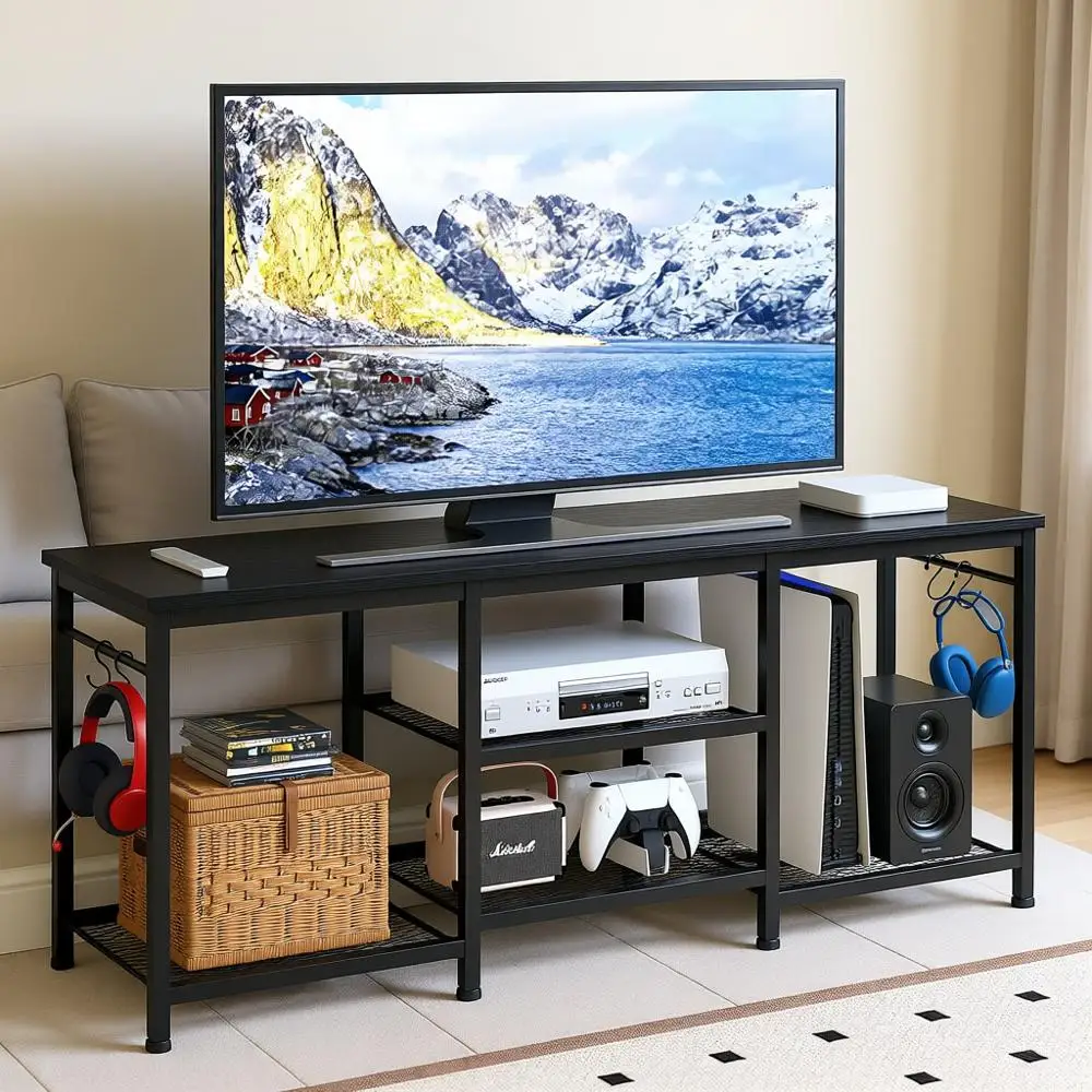 

55 Inch TV Stand: Modern Living Room Media Center, Black for Bedroom Entertainment