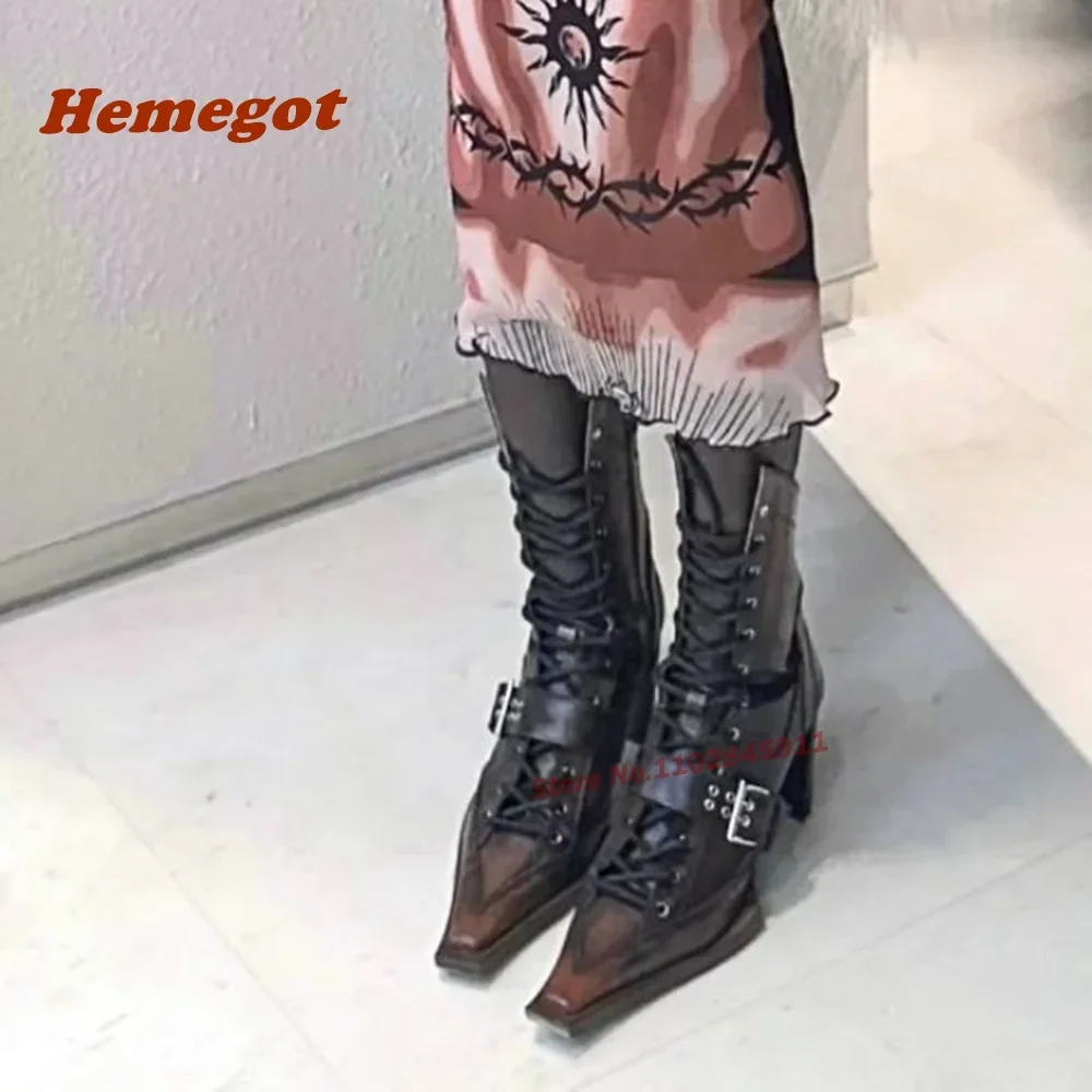 Belt Buckle Black Ankle Boots Square Toe Cross Tied Solid Women's Boots Winter Spring 2024 Newest Casual Shoes Solid Chunky Heel