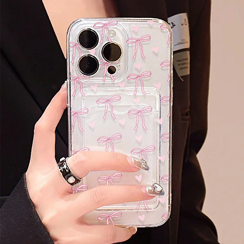 Transparent Card Slot Bag Holder Wallet Case For iPhone 16 15 14 Pro Max 13 12 11 XS X XR 7 8 Plus SE 2022 With Bow Print Cover