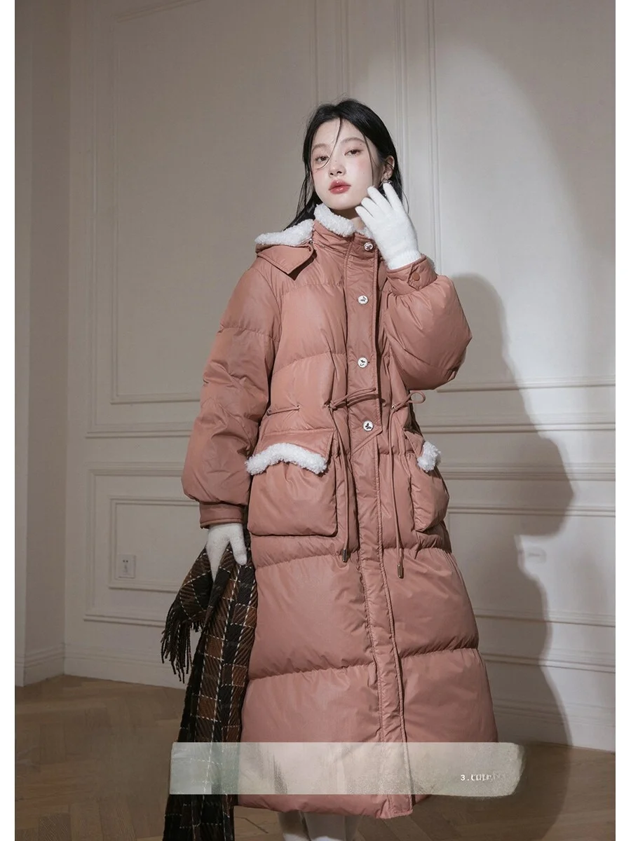 

COTRE Long down Jaet White Du Feather Arc Line Red Le Autumn Winter Warm Coat Women's Faion Commute Sle Nylon Material