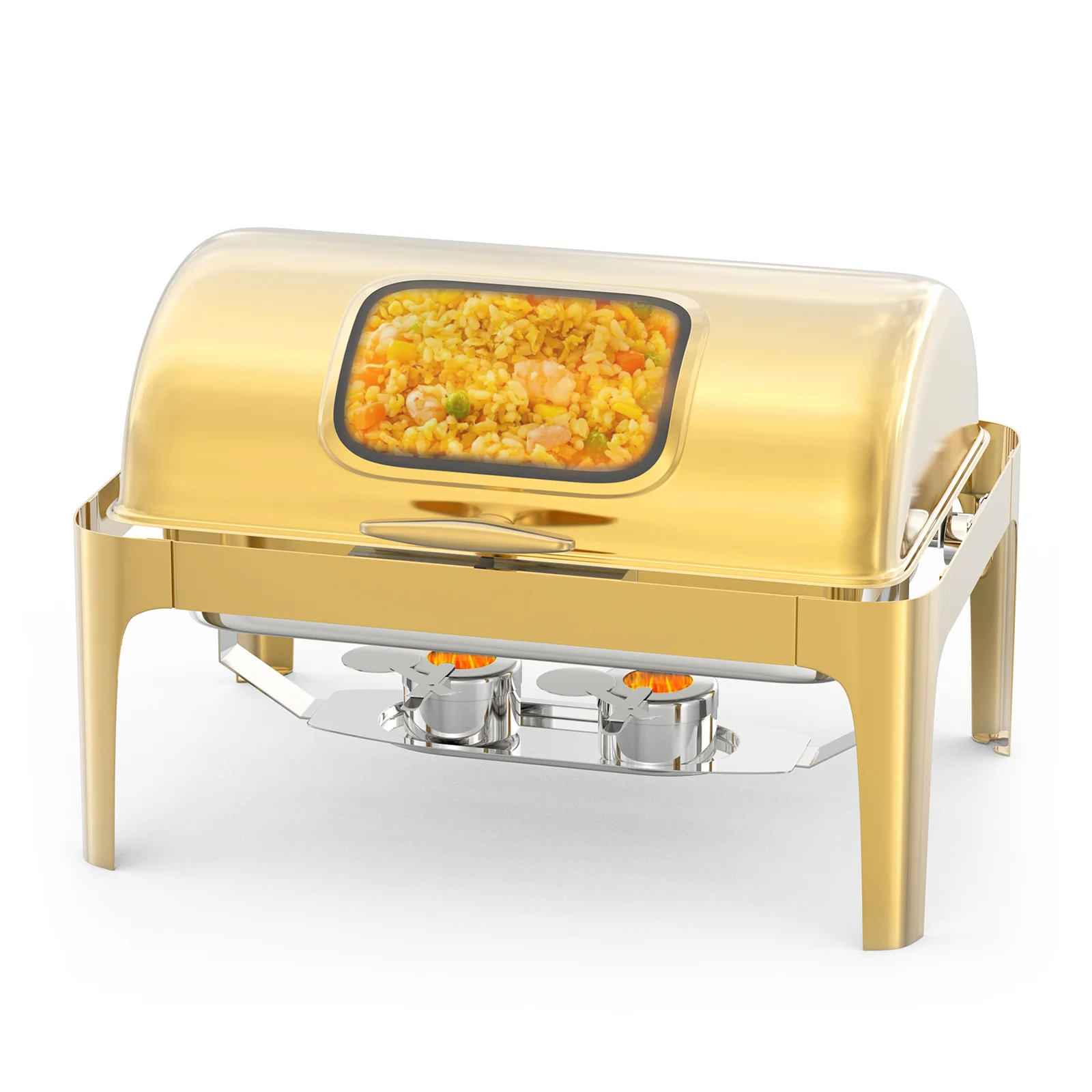 9QT Roll Top Chafing Dish Set, Full Size Stainless Steel Buffet Food Warmer with Glass Window Lid, Water Pan, Fuel Holder, Folding Stand, Commercial Catering Equipment for Hotels, Weddings, Parties