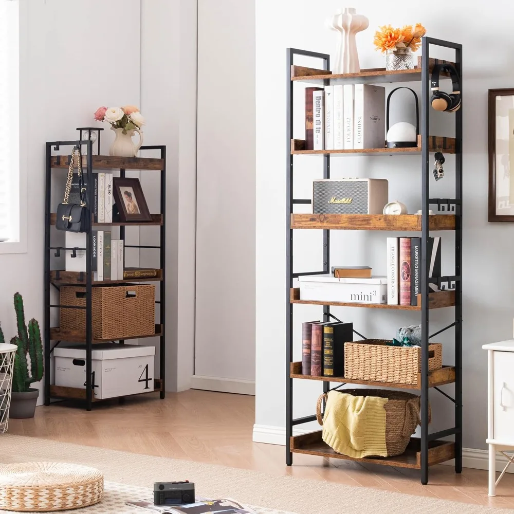 

6 Tier Open Bookcase, Rustic Farmhouse Book Shelves, Industrial Wood and Black Metal Bookshelves, Mid Century Bookcase