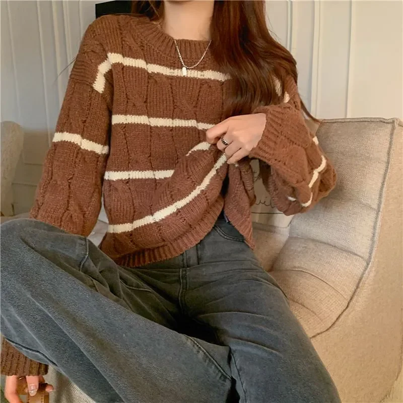 

Fashion Striped Contrasting Colors Pullovers Knitted Autumn Winter New Long Sleeve Female Clothing O-Neck Loose Vintage Sweaters