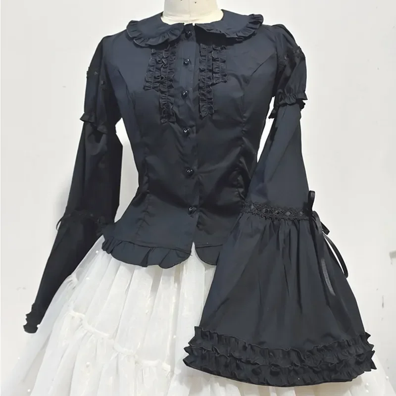 

Elegant Women Vintage Blouses Detachable Long Sleeves Japanese Gothic Lolita Style Shirts Victorian Peter Pan Collar Slim Tops