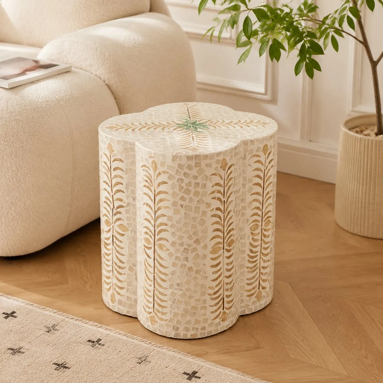 Shell edge table handmade coffee table sofa next to living room home floor ornament