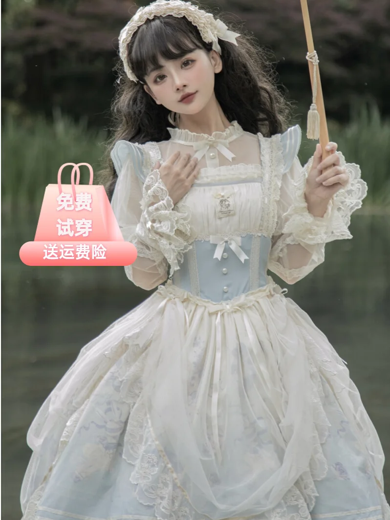 Vestido de Lolita de conejito de Ballet azul para mujer, vestido de princesa Kawaii, fiesta de té japonesa, suave