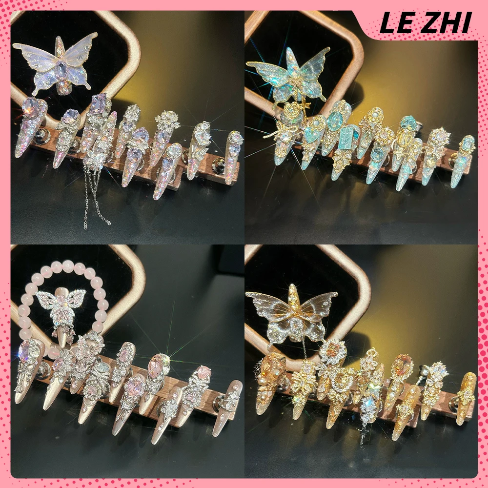 

Luxury Court Glitter Diamond Handmade Long Stiletto Press On Nail Colorful Cat Eyes Metal Butterfly Bow Pearl Reusable Fake Nail