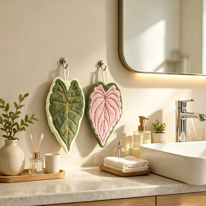 2-Pack of Cute Leaf-Shaped Hand Towels - Soft Coral Fleece Absorbent Hanging Hand Towels, Tropical Plant Design Decorative Fingertip Towels, Suitable for Bathroom, Kitchen, and Powder Room (Green and Pink)