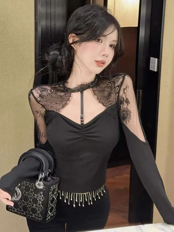 

Sexy Lace Splice Hollow out Back T-Shirt Base Shirt Design Folded Waist Versatile Base Top Pure Desire Commute Style Standard...