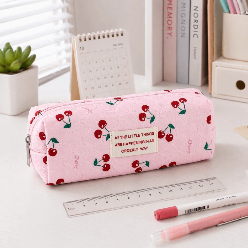 Multi Function Cherry Print Pencil Case Large Capacity Pen Bag Stationery Bag Gift