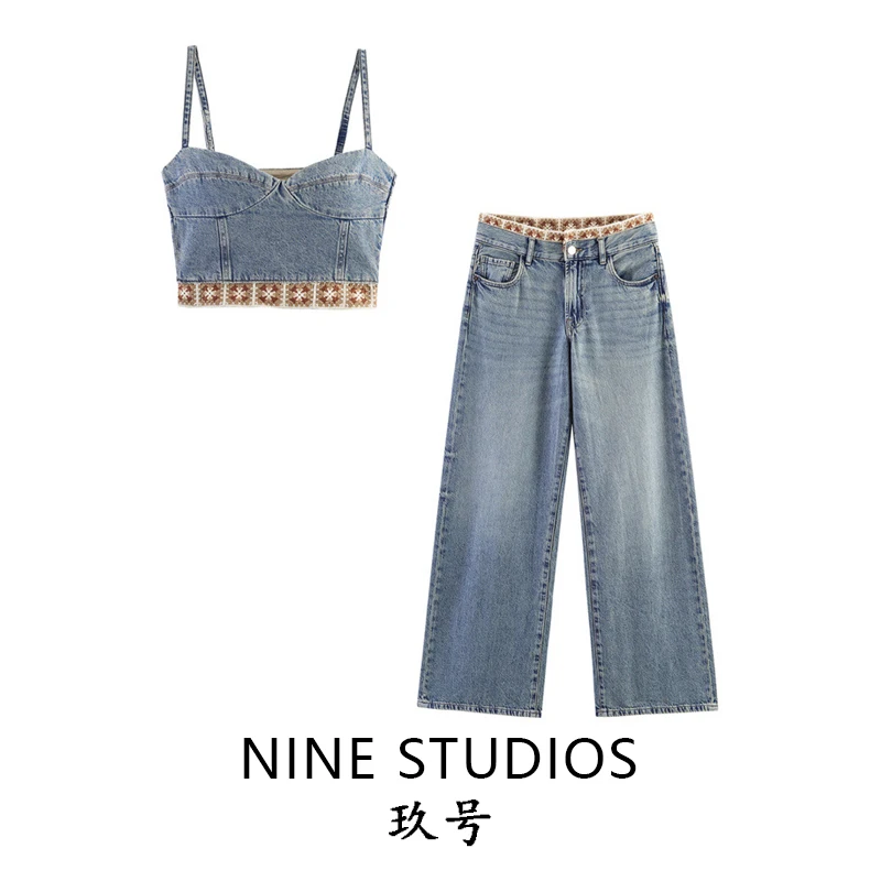Conjunto de Ropa de Verano para Mujer NINE ZAR, Top de Mezclilla con Parches y Cierre de Gancho, Jeans de Cintura Media 7147038 7147039, Pantalones Largos a la Moda