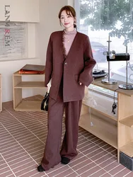 LANMREM Two-piece Set Women 2024 Winter New Trendy Retro Woolen V Neck Blazers Coat With Wide Leg Trousers Office Lady 2DB1356