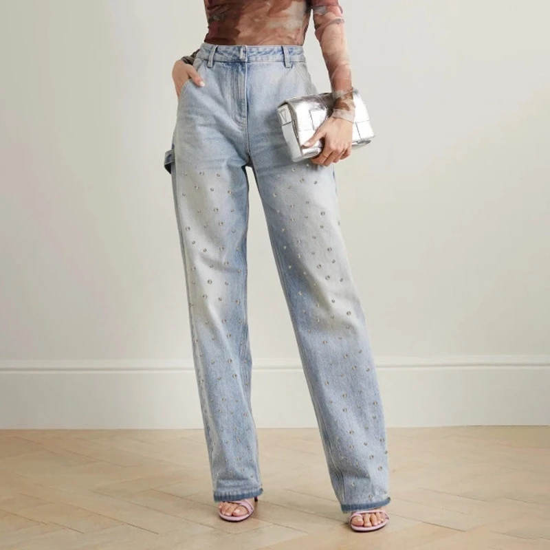 

Spring New Heavy Industry Nail Bead Design Straight Leg Pants High Waist and Slim Fashionable and Versatile Denim Pants