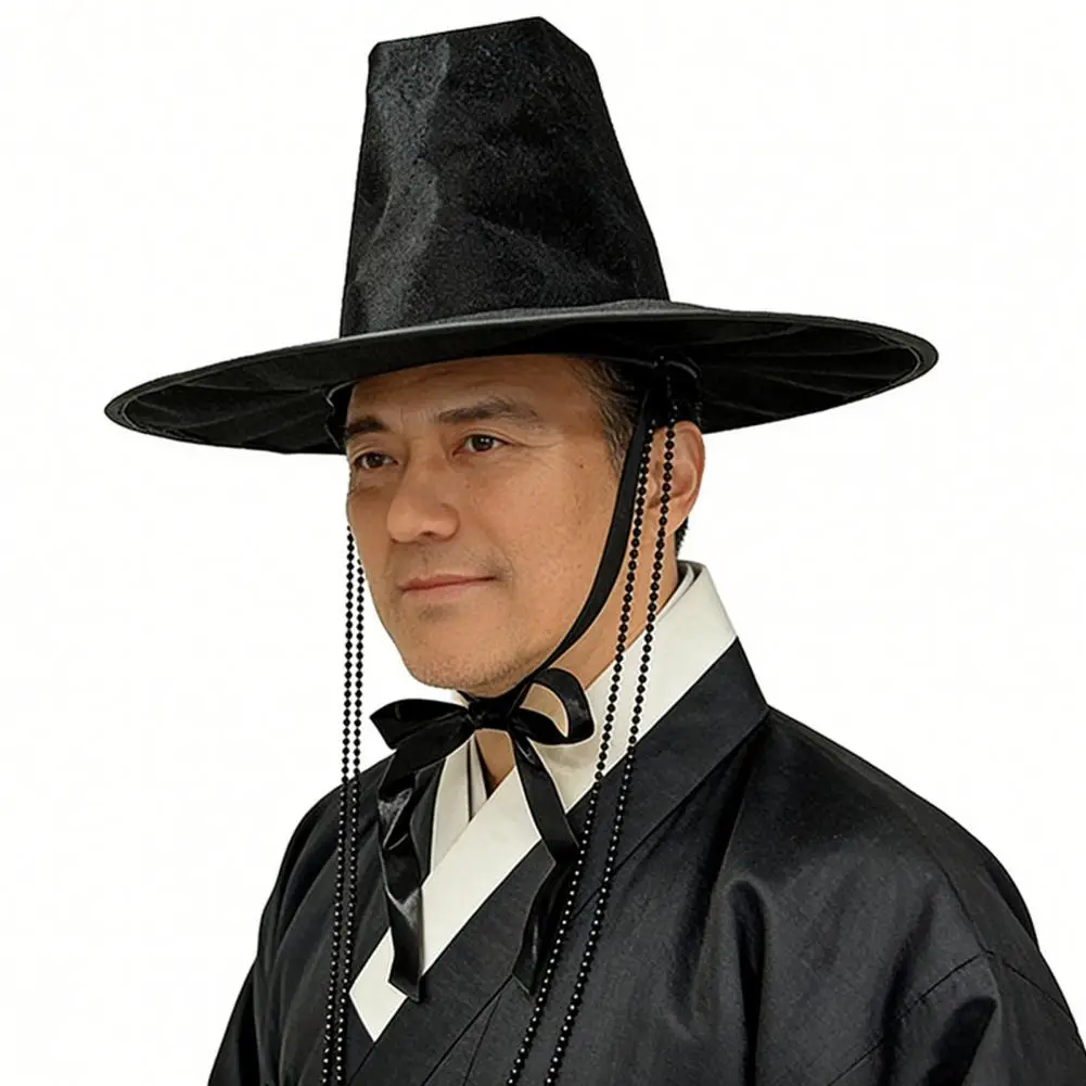 lightweight-stage-headwear-traditional-korean-performance-hat-korean-traditional-flat-top-hat-with-beaded-chain-for-k-drama