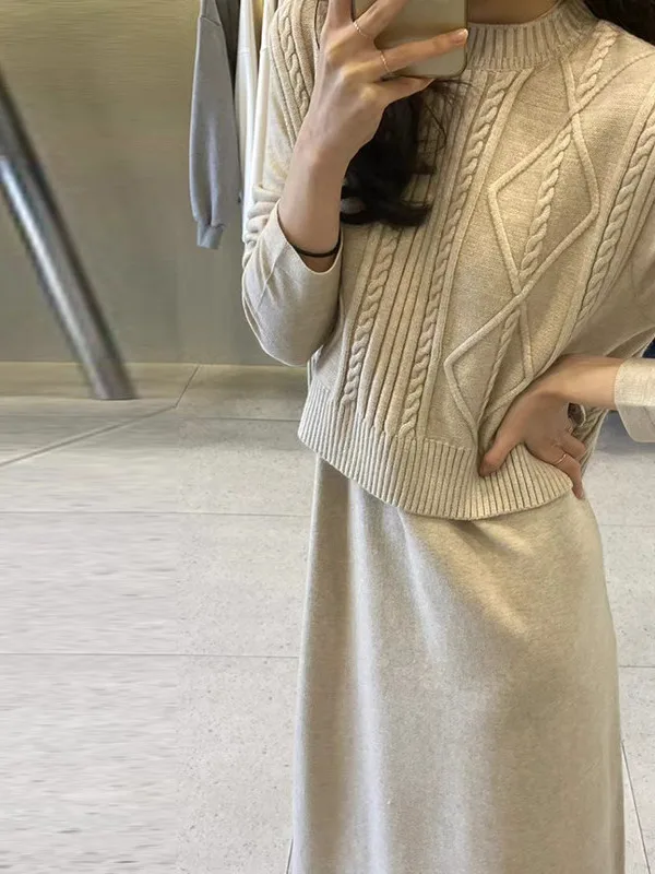Long Knitted Dress Set No Sleeve Twisted Korean Style Women's Fashion Spring Autumn Winter Casual Wear Outdoor Travel Date
