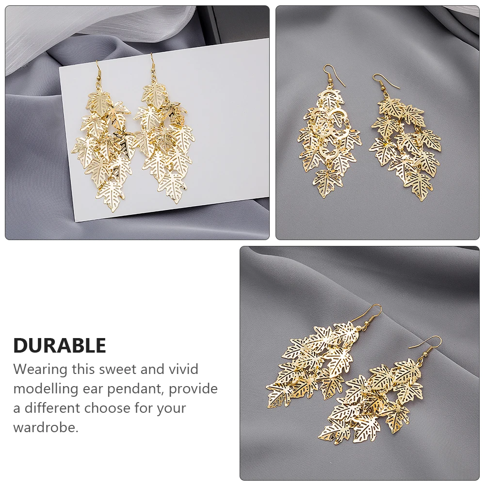 

Charming Bright Golden Metal Leaf Dangler Earrings Multi-layer Tassel Ear Jewelry for