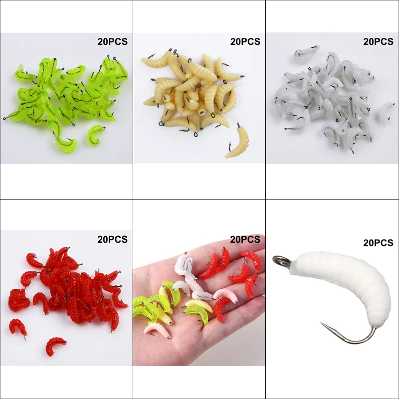 20PCS Grub Lures Rubber Bread Worm Maggots Fishing Bait Set 
