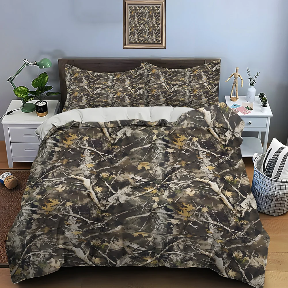 Camouflage background with branches leaves Bedding Set for Kids Luxury Gift 3pcs Digital Print Comforter Set Soft Comfortable