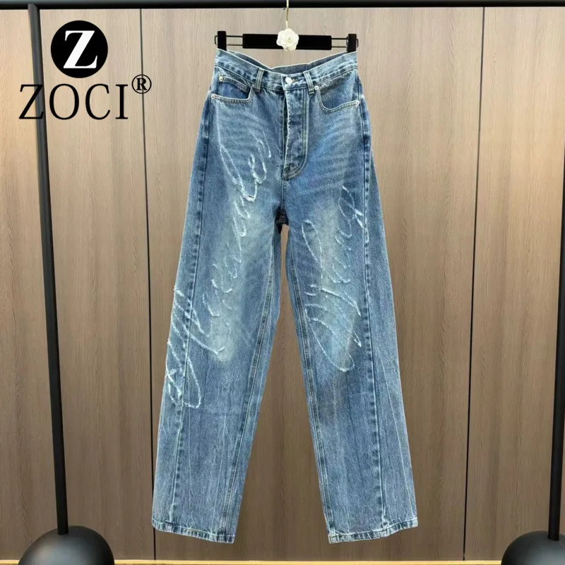 ZOCI celana Jeans tabung lurus, tabung lurus desain potongan huruf sederhana dada tunggal 2025