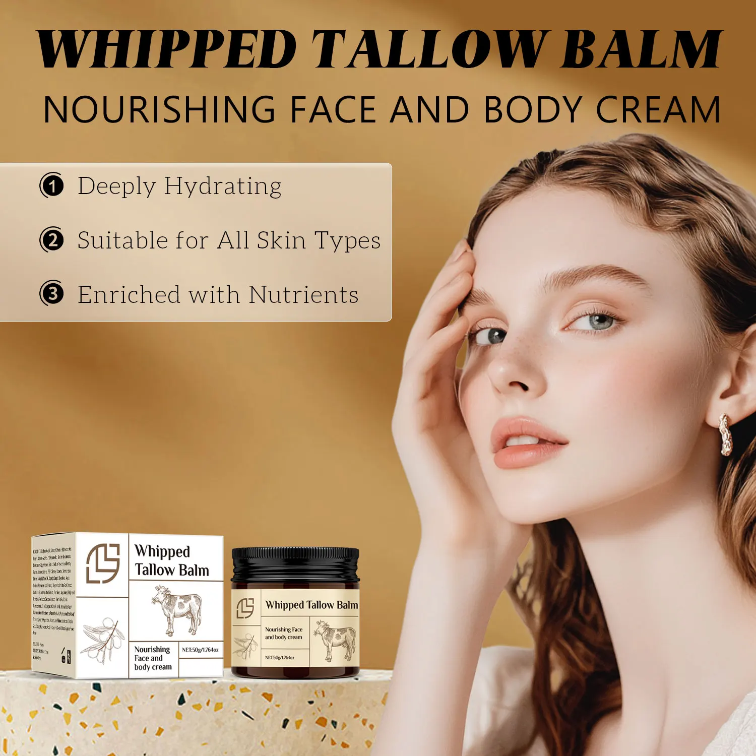 50g Whipped Tallow Balm Skin Moisturizing Beef Tallow and Honey Balm for Nourishing Skin and Body Cream Fast Absorption