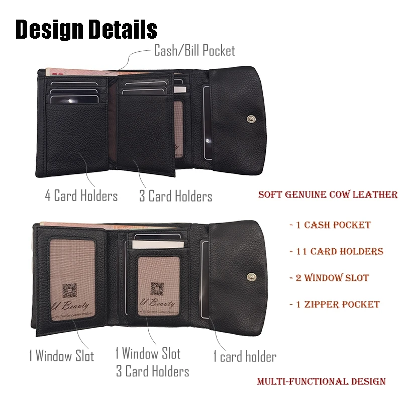 New Soft Genuine Cow Leather Short Wallet For Women Multifunctional Ladies Tri-fold Hasp Purse Cowhide Solid Color Card Holders