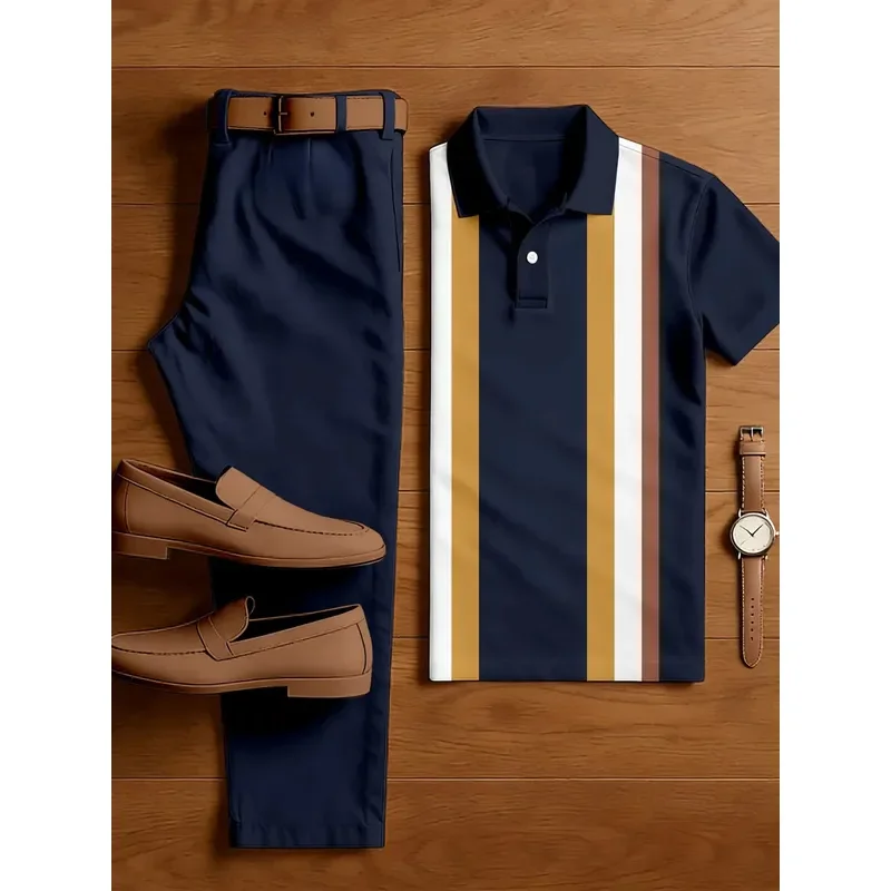 1 top (without pants) Men's casual 3D printed short sleeve polo shirt with button placket and classic fit