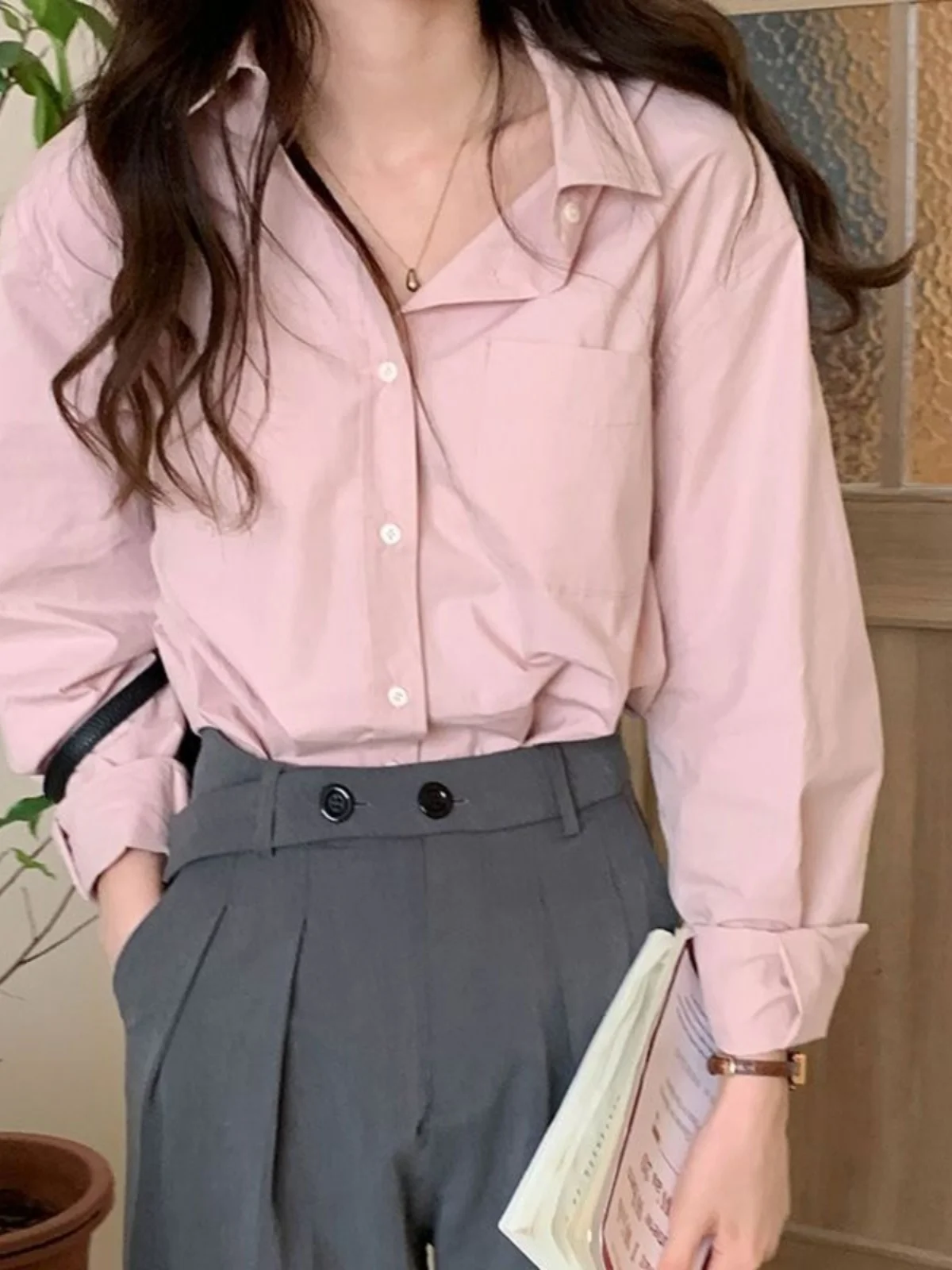 

Sweet Sle Pink Long Sve irt Женский повседневный топ прямого кроя Lazy Versatile Salt Series на одной пуговице