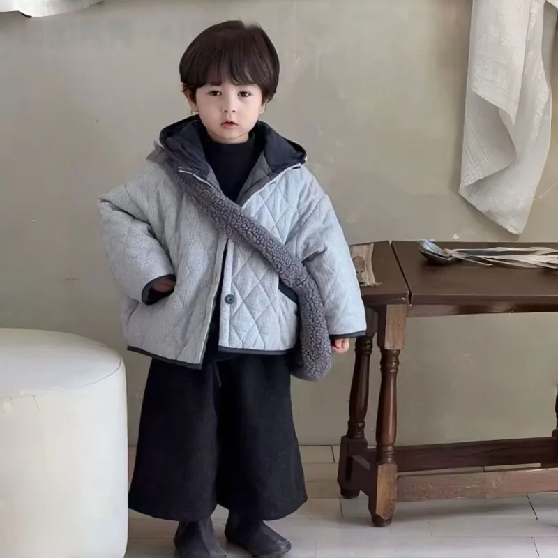 

Boys' New Winter Thickened Set Baby Korean Version Cotton-added Warm Hooded Cotton Clothes + Velvet Trousers Two-piece Set