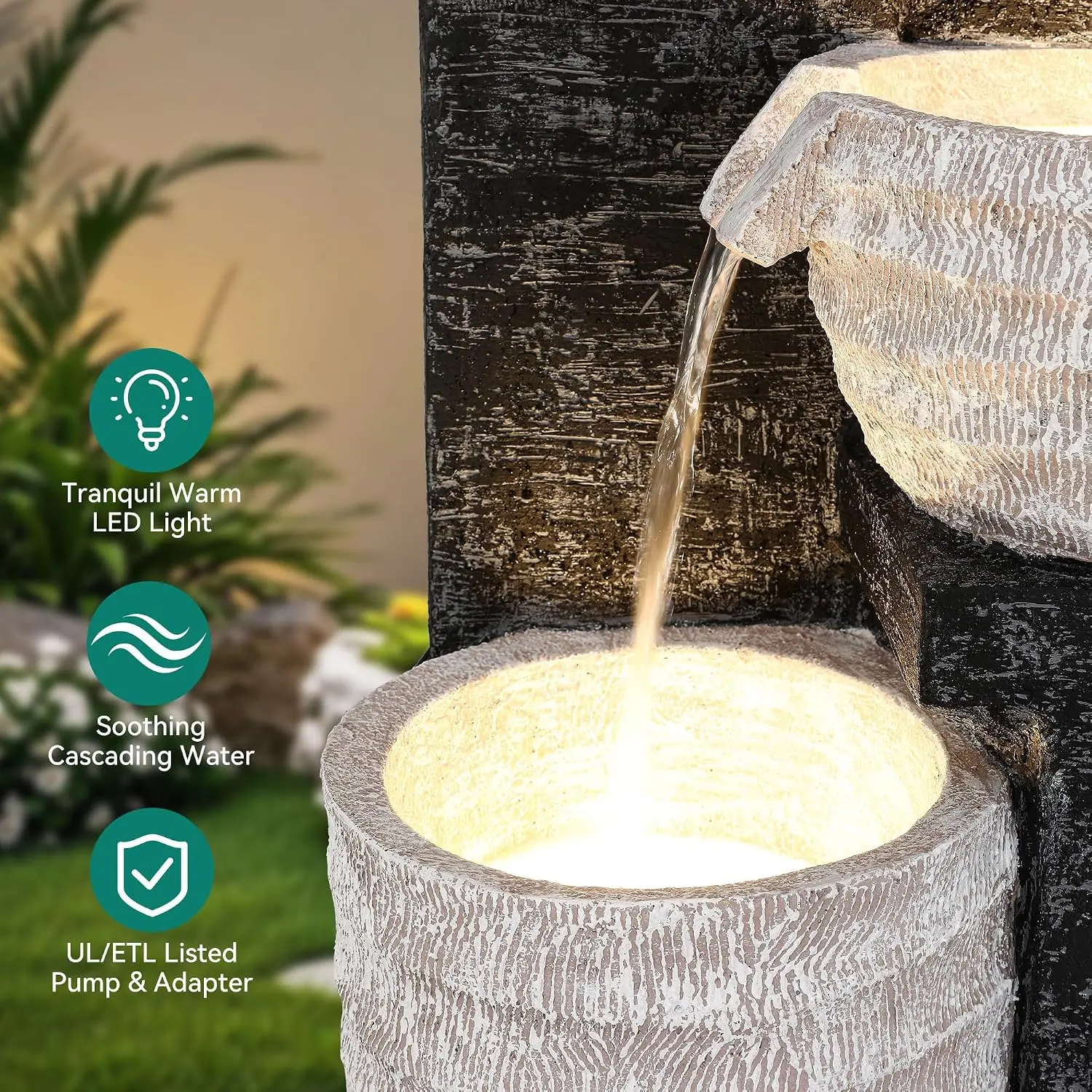 Multilayer Cascading Polyresin Outdoor Fountain Pump Sand Texture LED Garden Water Feature