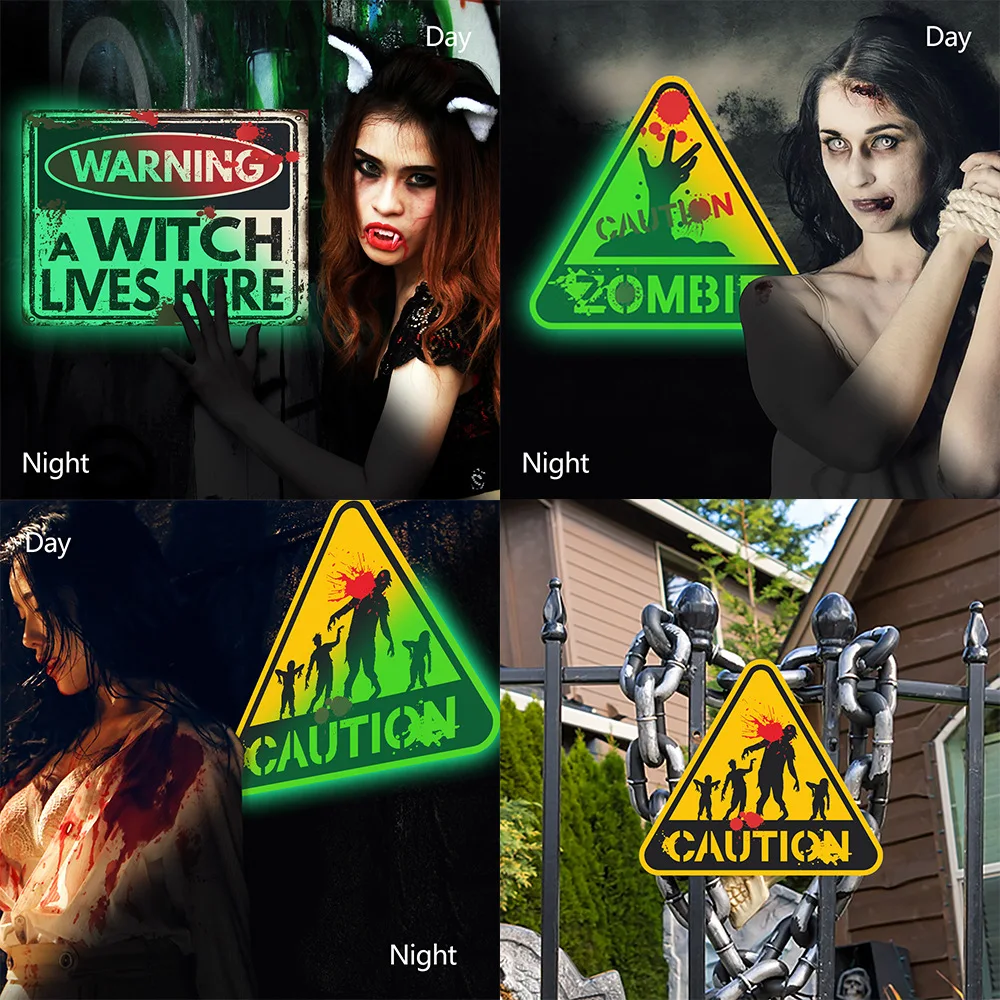 Halloween Luminous Bloody Sticker Glow Warning Signs Stickers Halloween Fright Night Horror Mural Adhesive Party Decoration Wall