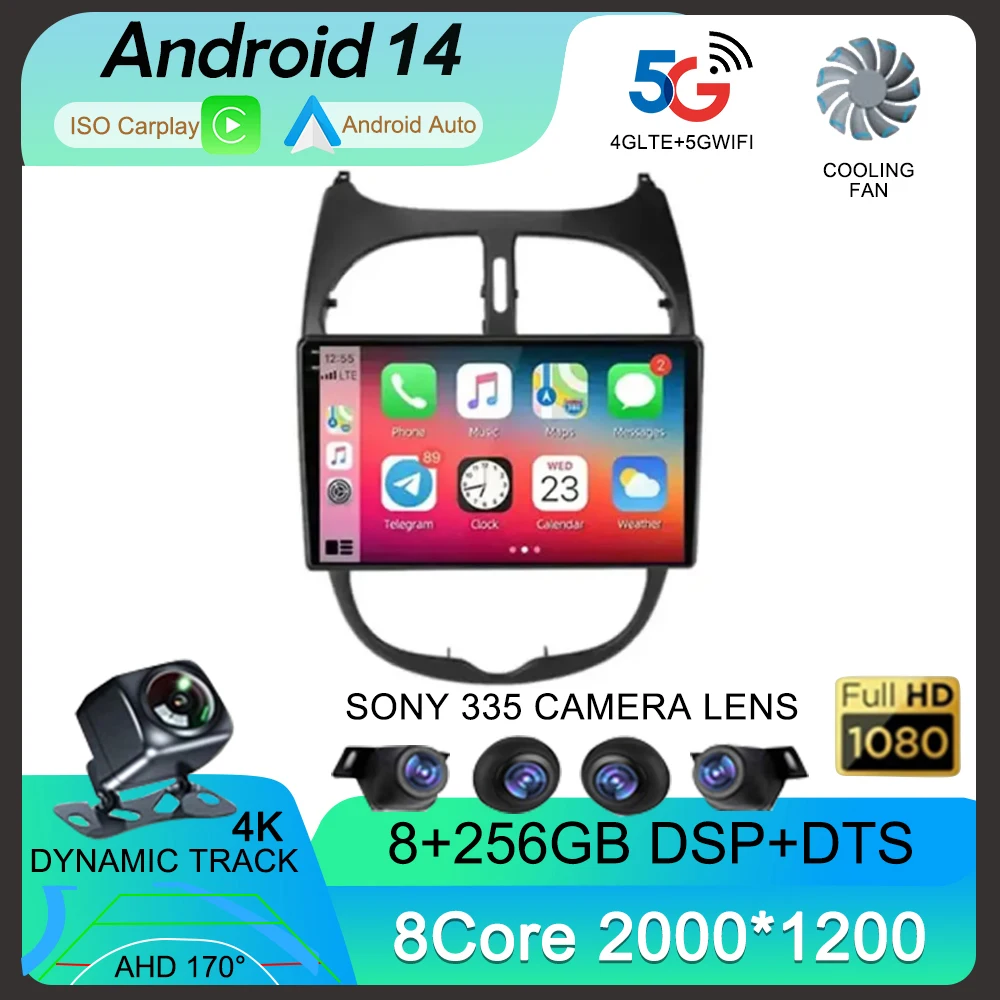 

Автомагнитола на Android 14 для Peugeot 206 206CC 206SW 2001-2008, мультимедийный видеоплеер с GPS-навигацией, без DVD, для Carplay Navi