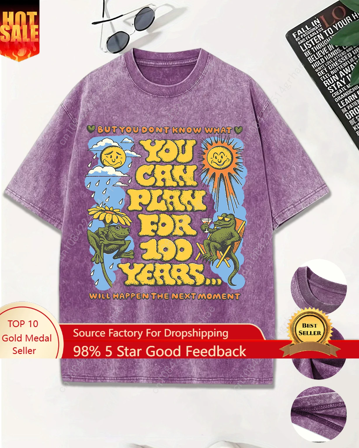 

Classic Frog and Dinosaur Print T-shirtRetro Loose Casual StyleUnisex, Washed and Distressed Design Summer Short-sleeve