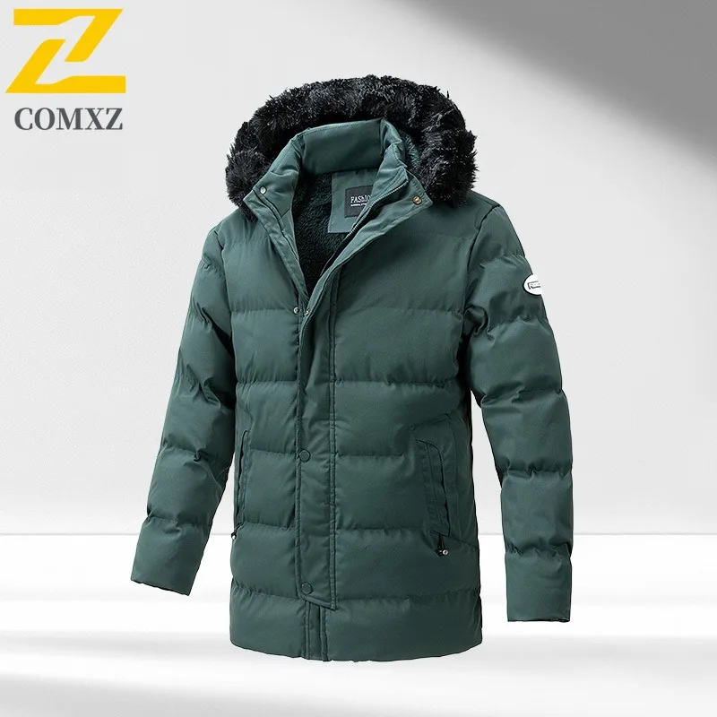 COMXZ 2025 Mens Korean Style Thickened Fleece Lined Long Winter Jacket Waterproof Windproof Fashion Hooded Thickened Coat