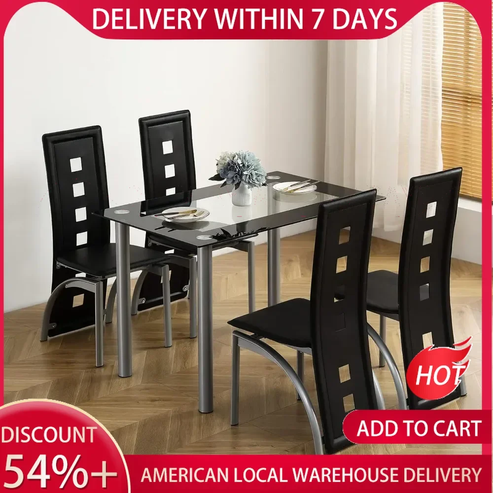 5-Piece Dining Table Set with 1 Glass Dining Table and 4 PVC ChairsKitchen & Breakfast Dining Living Room, Space Saving