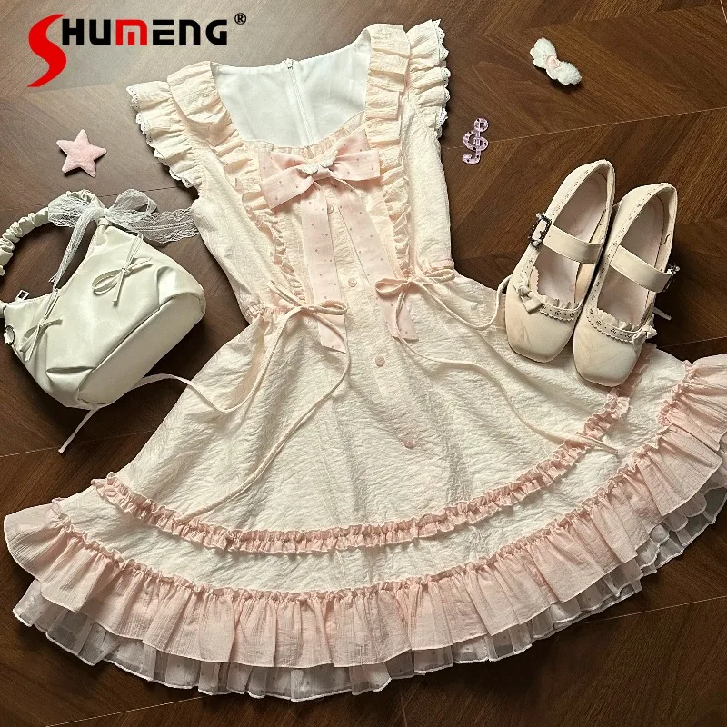 

Gorgeous Charming Cherry Blossom Pink Dress Women Soft Youthful Ruffle Accent Large Flounce Hem Princess Short Dresses Dailywear