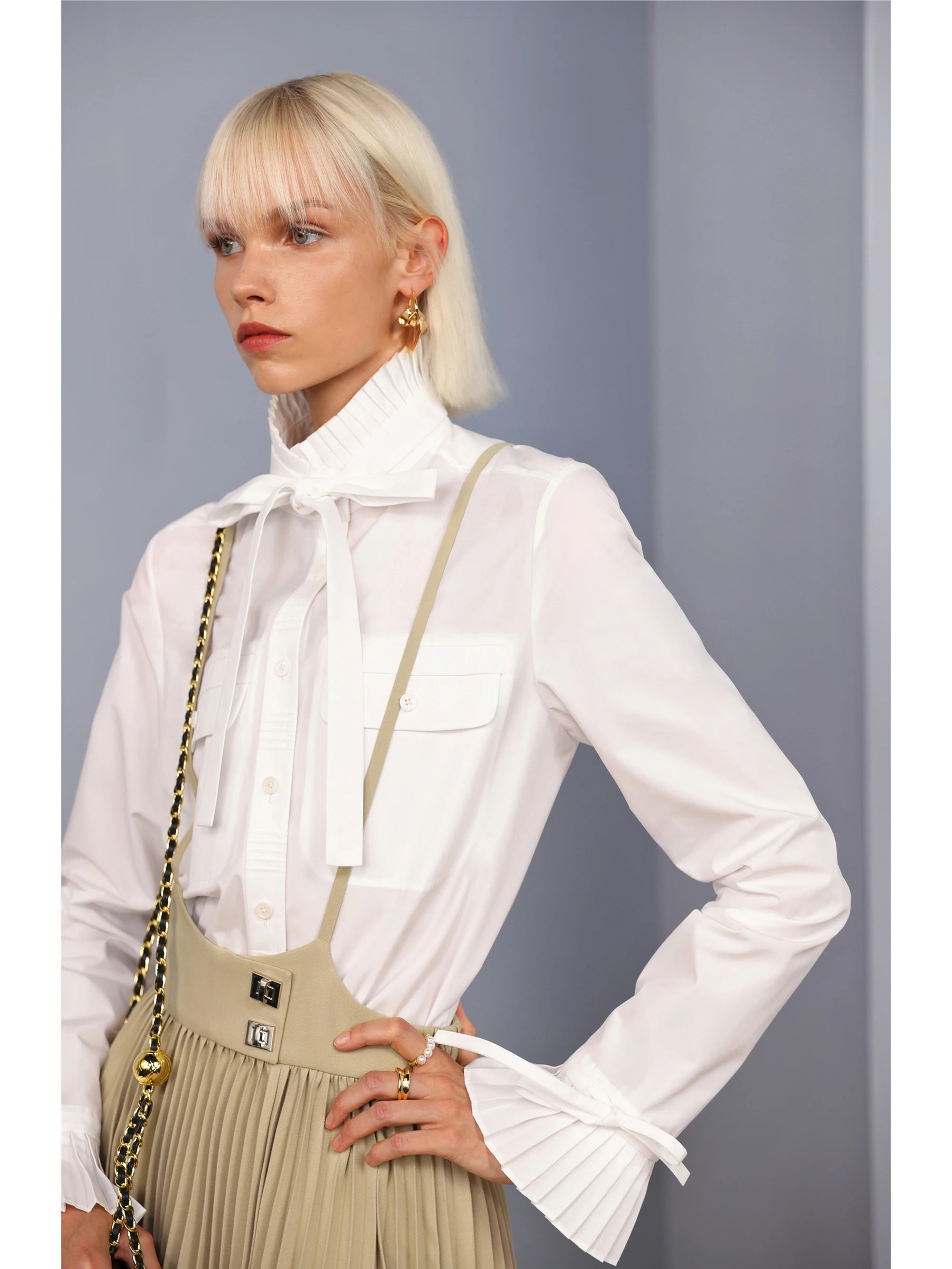 

NancyCavallyMS Court Sle Gauze irt Stand Collar Pleated Sve High Densi Silk Ribbon Women's Loose Fit Cotton Blend irt