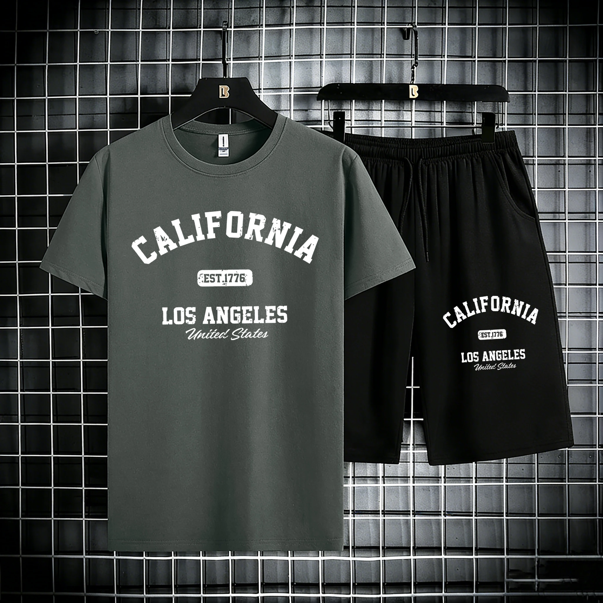 California Los Angeles Print Male Cotton Summer Loose Tees & Shorts 2 Piece Set Sport Drawstring Pants Running New Short Sleeve