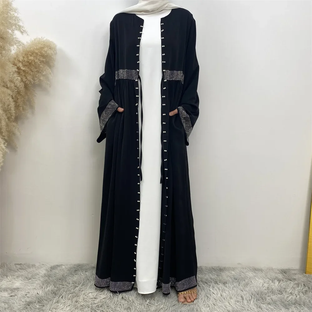 

Robe Elegant Hot Diamond Beaded Women Long Loose Dress Abaya Muslim Cardigan Turkey Dubai Fashion Pocket Dress