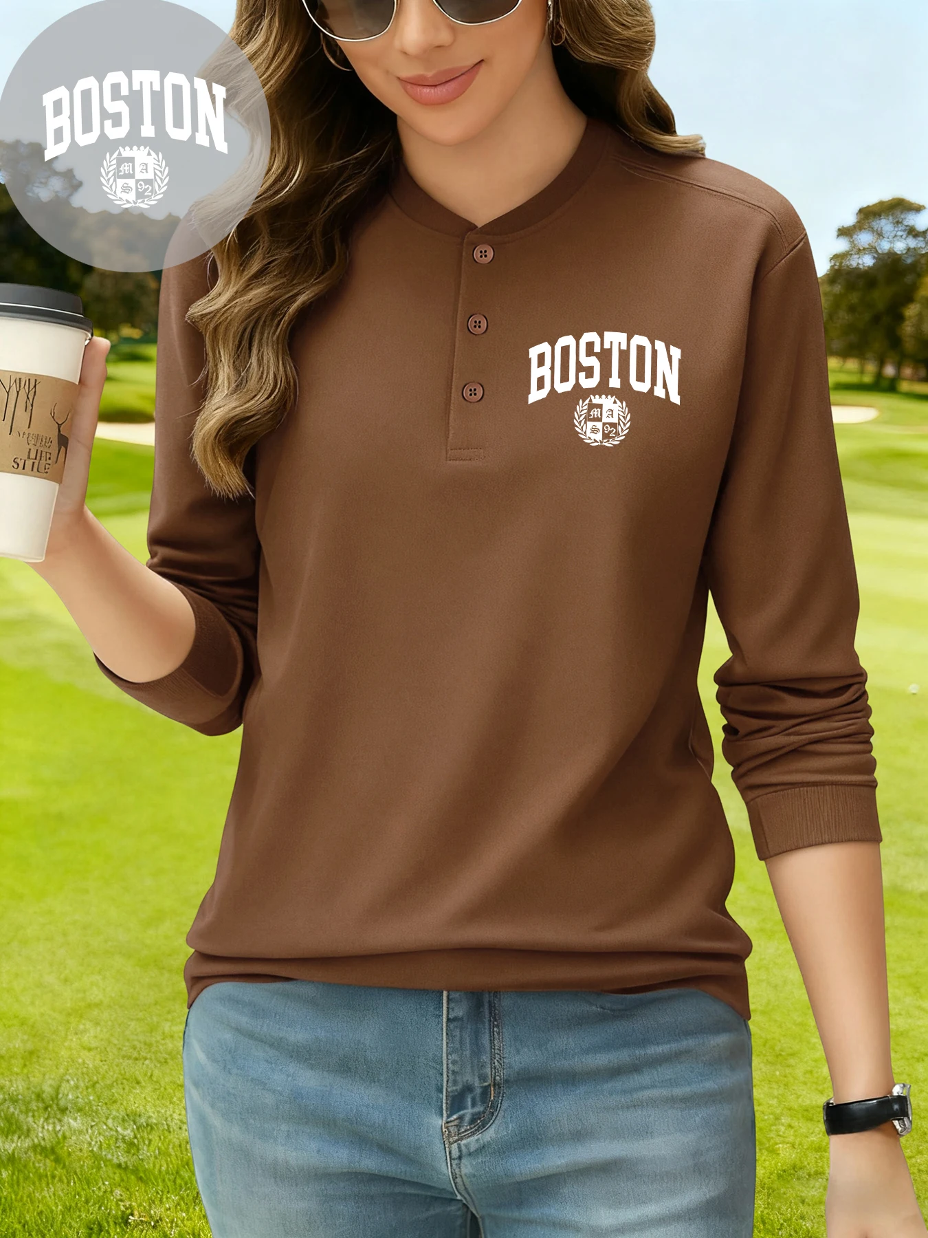 

The Sacred Badge Of Boston Printing Women Henley T Shirt Casual Long Sleeves Cotton Business T-Shirts Hip Hop Autumn Clothes