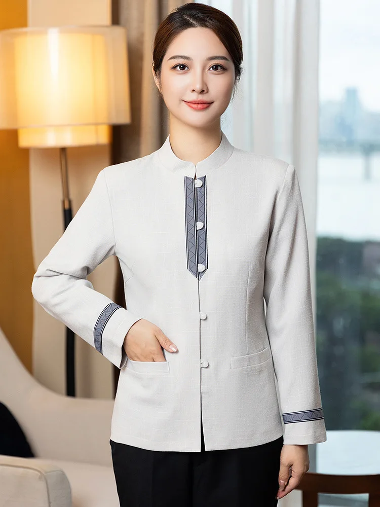 

Ribbon-tied cleaning workwear for hotel and guesthouse staff, housekeeping cleaners, property maintenance workers, long-sleeved