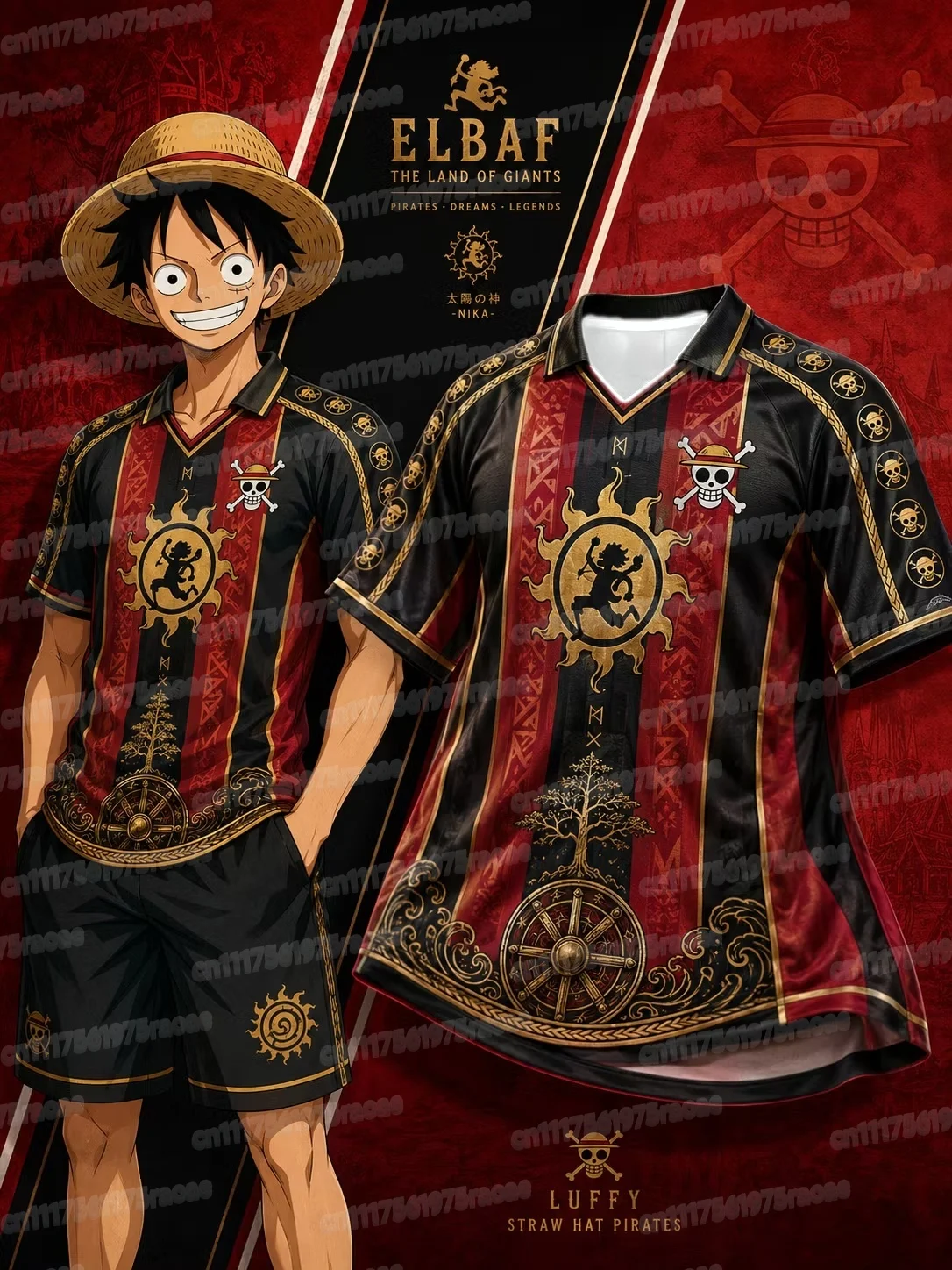Sonderedition ONE PIECE Luffy Kurzarm-T-Shirt mit Kragen, Jersey, Herren-T-Shirt, Oversize, atmungsaktives Sweatshirt, Familien-Set – Detail 6