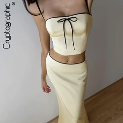 Cryptographic Elegant Sexy Backless Y2K Two Piece Dress Sets Club Outfits Satin Cropped Top and Skirt Matching Sets Summer