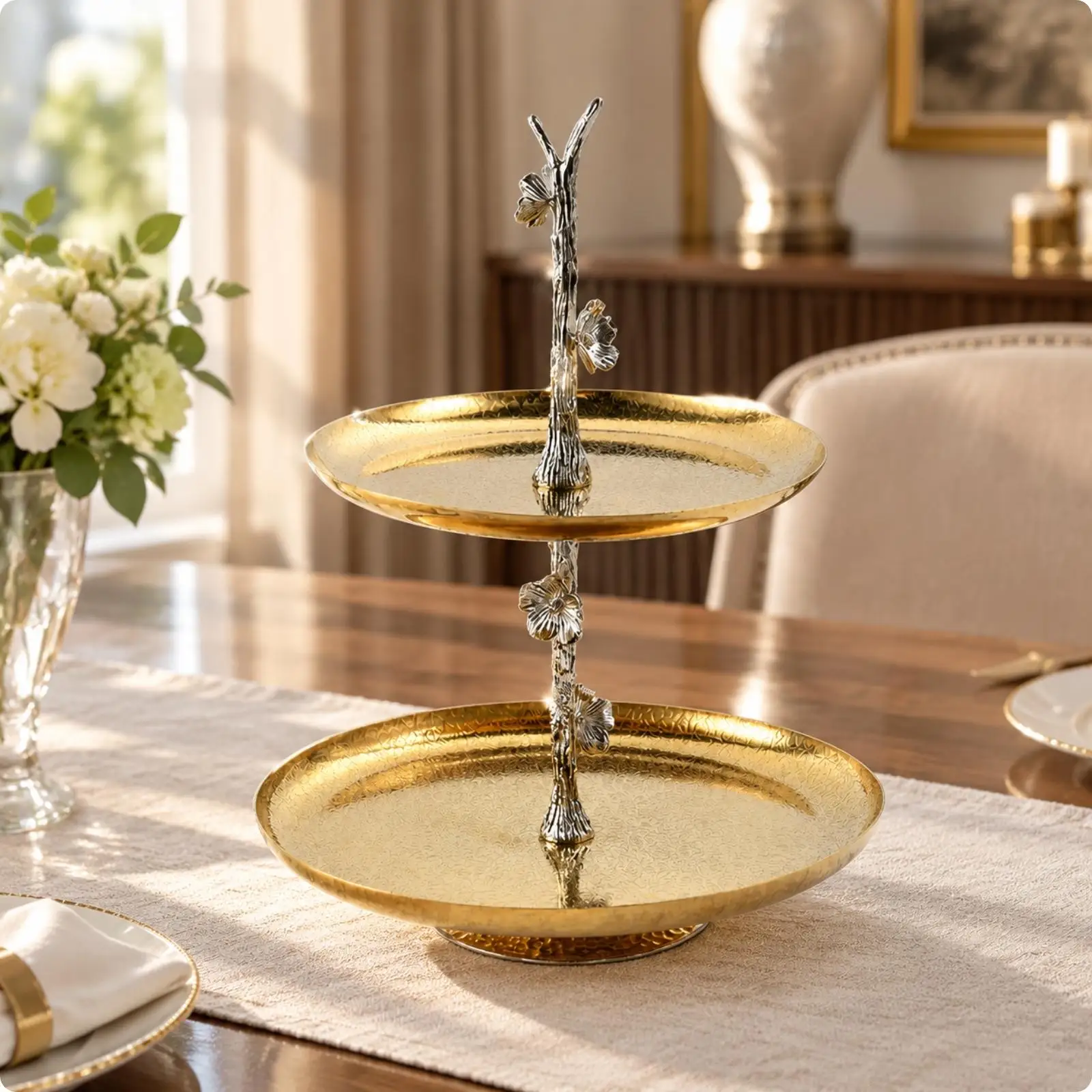 Two Tier Industrial Tray for Sweets and Snacks Gold Tone Metal Serving Stand for Reception and Buffet Tables