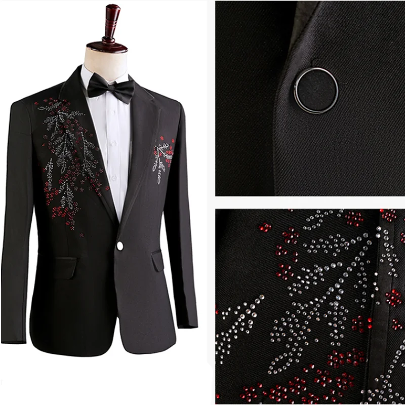 Elegant Men White Performance Suits , Ideal for Stage, Host, Singer, Dance, Prom Events ，Male Spliced Blazer and Pants with Tie