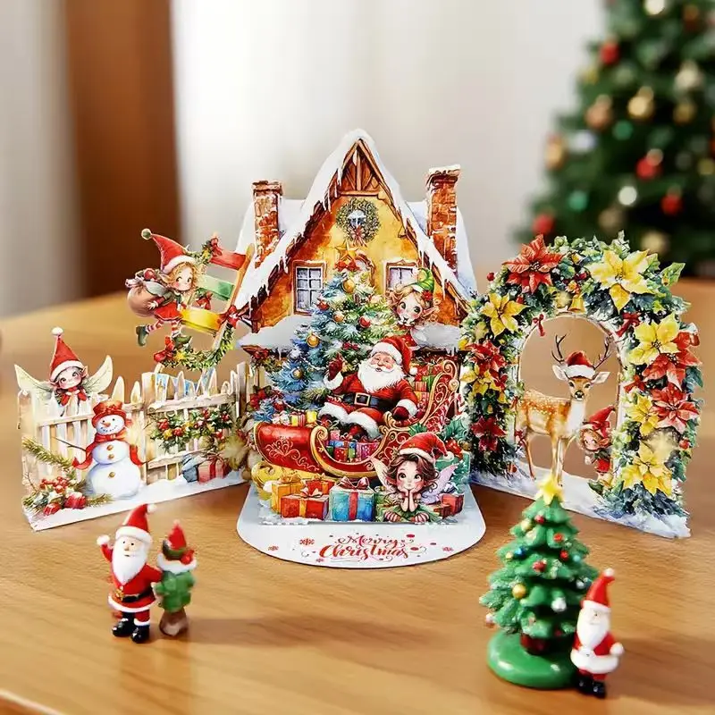 

10Pcs 3D Pop-up Christmas Card Night Before Xmas Scene Snowy Village Santa Reindeer&Moonlit Sky Festive Holiday Greeting Card
