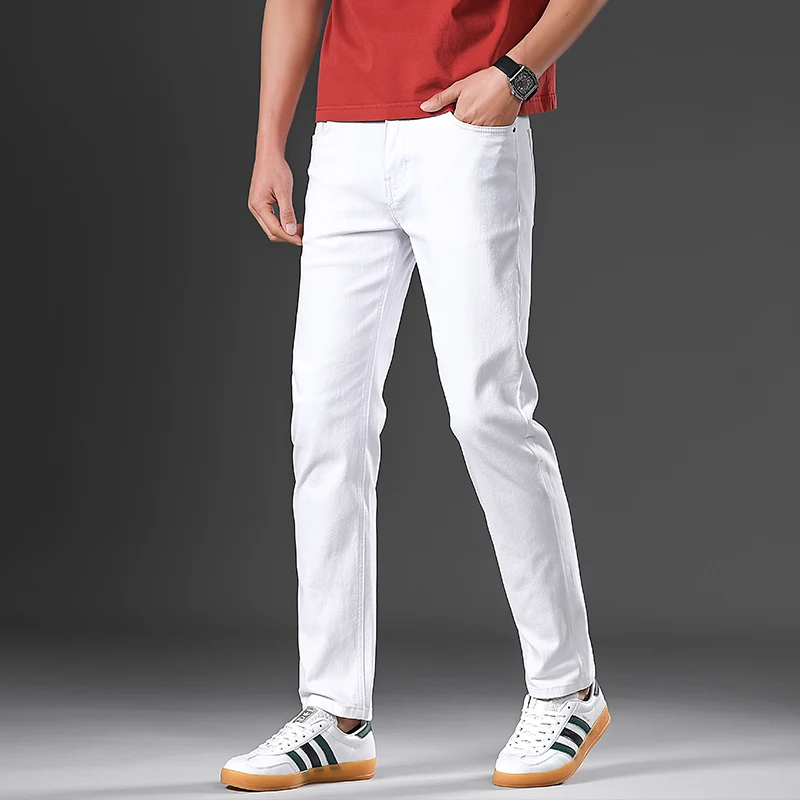 

Весенне-летние белые мужские джинсы из 92% хлопка, облегающие классические брюки, джинсовые брюки, брендовая одежда