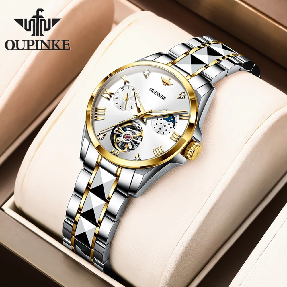 OUPINKE 3202 Skeleton Flywheel Mechanical Wrist Watch for Women Moon Phase Chronograph Waterproof Elegant Ladies Automatic Watch