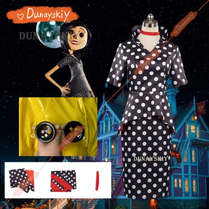 Costume de cosplay de film d'horreur de conte de fées, Coraline, robe à pois, bouton secret, yeux, fête d'Halloween, jeu de rôle effrayant imbibé, perruque