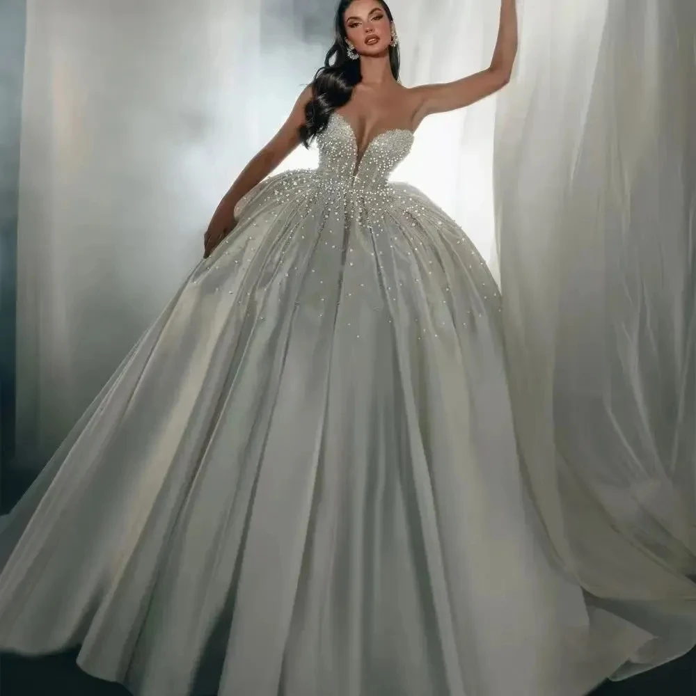 2025 moda vestido de baile vestido de casamento sem alças pérolas miçangas cetim rendas até noiva vestidos formais robe mariage vestidos de novia