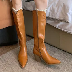 Women's genuine leather 8cm chunky heel autumn knee high boots pointed toe retro female western boots high quality shoes woman